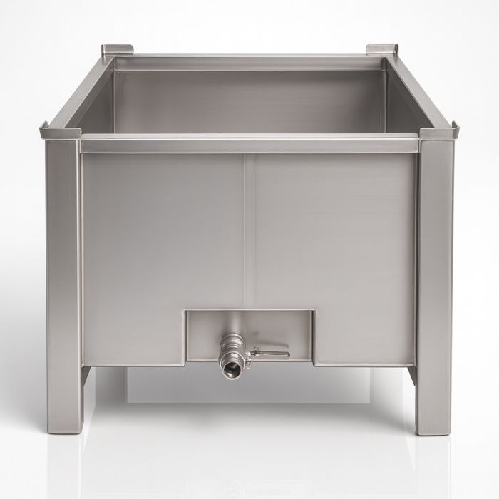 Palettenbox aus Edelstahl mit Auslauf, 120x100x82cm, 2 Kufen, Inhalt 725 Liter, NORAH INOX Palettenbox aus Edelstahl mit Auslauf, 120x100x82cm, 2 Kufen, Inhalt 725 Liter, NORAH INOX