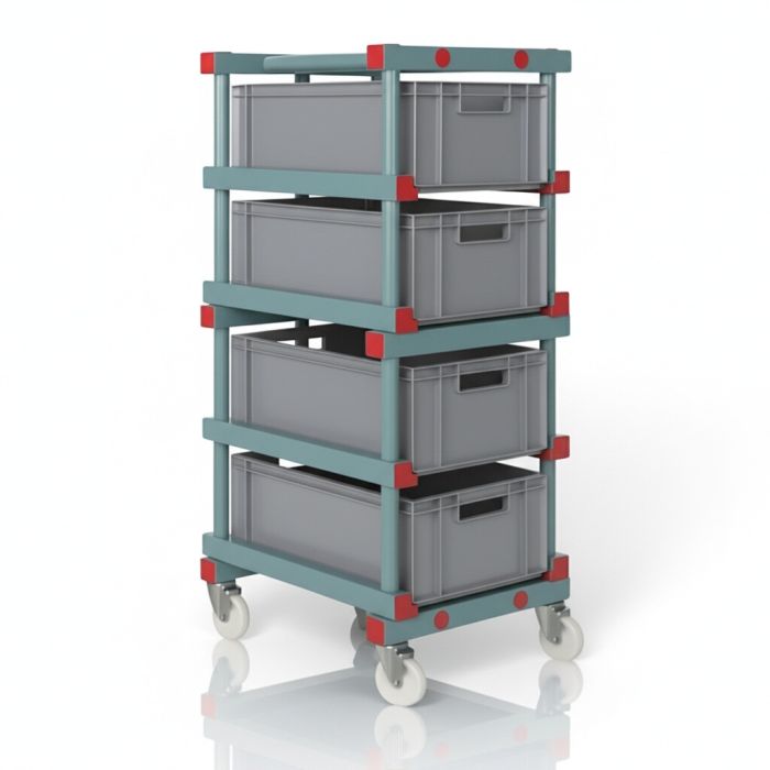 Systemwagen für Eurobehälter, 4 Stück 60x40x22cm, PP, Grau, NORAH Plastics 
