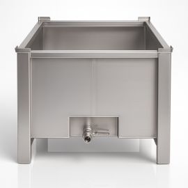 Palettenbox aus Edelstahl mit Auslauf, 120x100x82cm, 2 Kufen, Inhalt 725 Liter, NORAH INOX